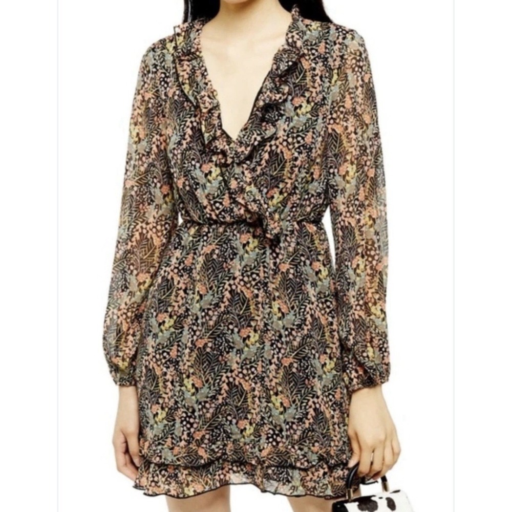 Topshop Ruffle Forest Minidress Size 2 US Long Sleeve Chiffon Black Floral Leaf
